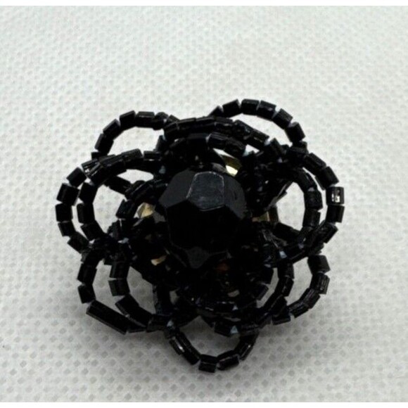 Vintage Black Beaded Flower Floral Clip-On Earrings 1960s Retro Seed Bead - Picture 5 of 8